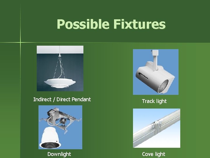 Possible Fixtures Indirect / Direct Pendant Downlight Track light Cove light 