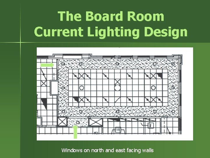 The Board Room Current Lighting Design Windows on north and east facing walls 