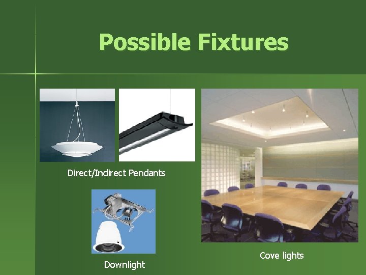 Possible Fixtures Direct/Indirect Pendants Downlight Cove lights 