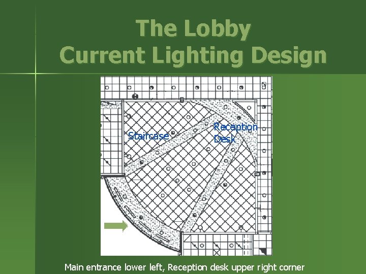 The Lobby Current Lighting Design Staircase Reception Desk Main entrance lower left, Reception desk