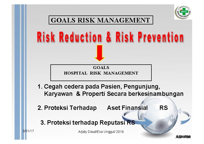 GOALS RISK MANAGEMENT GOALS HOSPITAL RISK MANAGEMENT 1. Cegah cedera pada Pasien, Pengunjung, Karyawan