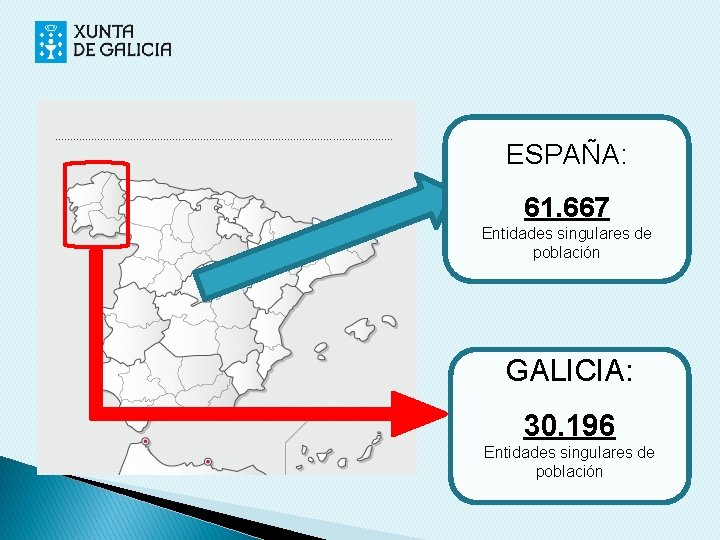 ESPAÑA: 61. 667 Entidades singulares de población GALICIA: 30. 196 Entidades singulares de población