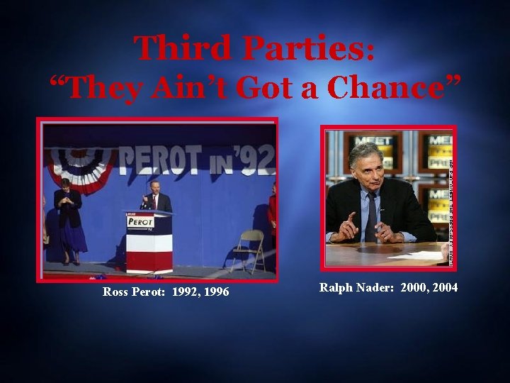 Third Parties: “They Ain’t Got a Chance” Ross Perot: 1992, 1996 Ralph Nader: 2000,