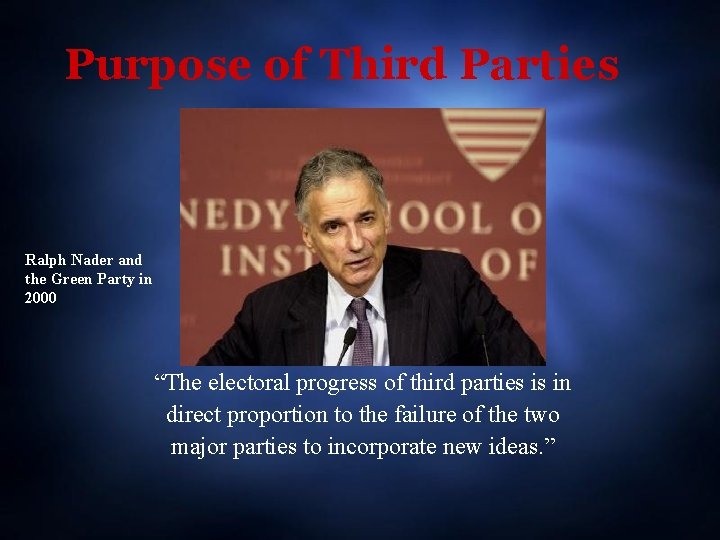 Purpose of Third Parties Ralph Nader and the Green Party in 2000 “The electoral