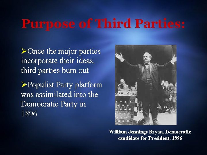 Purpose of Third Parties: Once the major parties incorporate their ideas, third parties burn