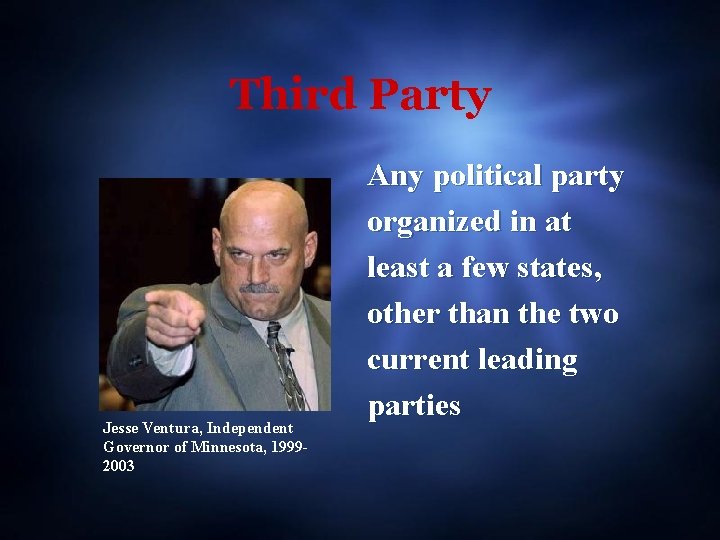 Third Party Jesse Ventura, Independent Governor of Minnesota, 19992003 Any political party organized in