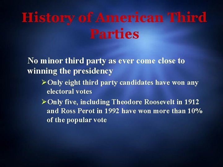 History of American Third Parties No minor third party as ever come close to