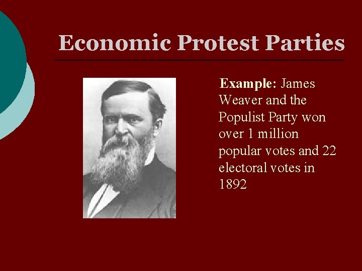 Economic Protest Parties Example: James Weaver and the Populist Party won over 1 million