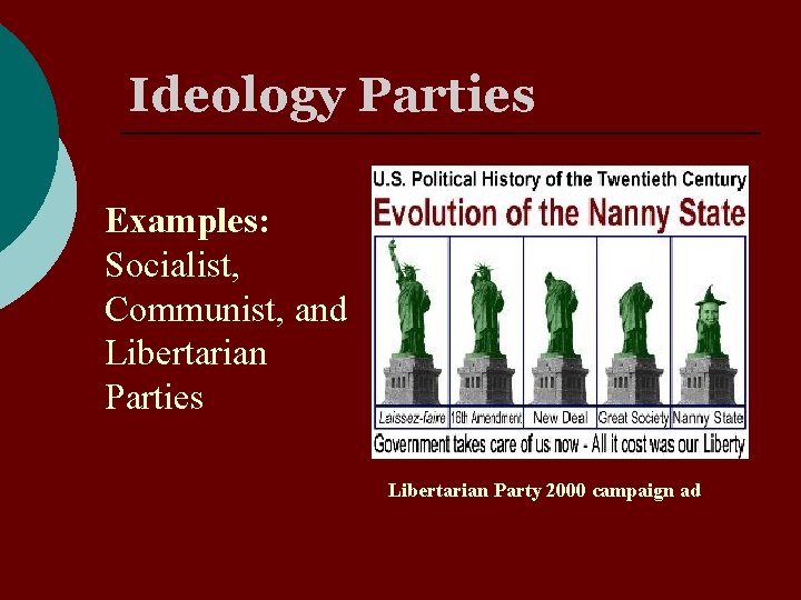 Ideology Parties Examples: Socialist, Communist, and Libertarian Parties Libertarian Party 2000 campaign ad 