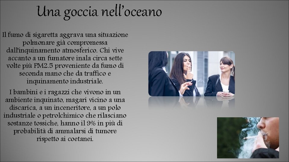 Una goccia nell’oceano Il fumo di sigaretta aggrava una situazione polmonare già compromessa dall'inquinamento