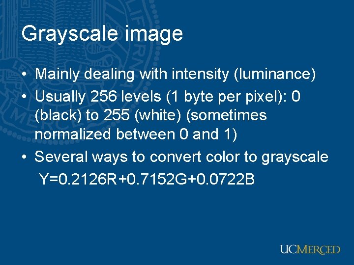 Grayscale image • Mainly dealing with intensity (luminance) • Usually 256 levels (1 byte
