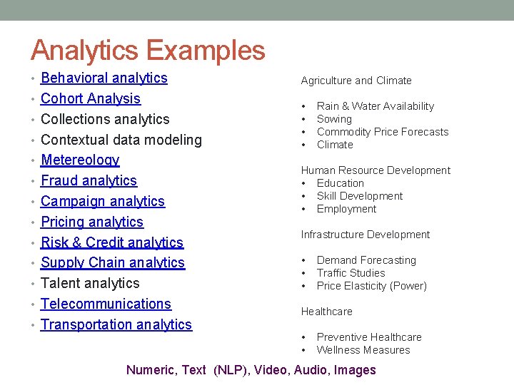 Analytics Examples • Behavioral analytics • Cohort Analysis • Collections analytics • Contextual data