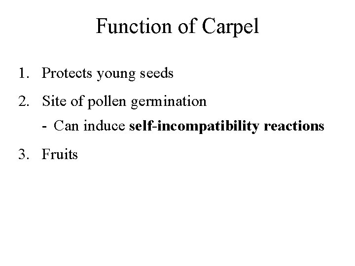Function of Carpel 1. Protects young seeds 2. Site of pollen germination - Can