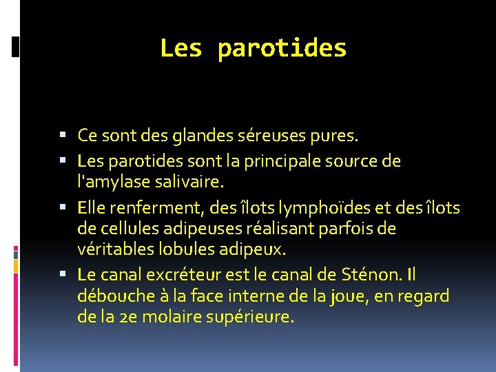 Les parotides Ce sont des glandes séreuses pures. Les parotides sont la principale source Les parotides Ce sont des glandes séreuses pures. Les parotides sont la principale source