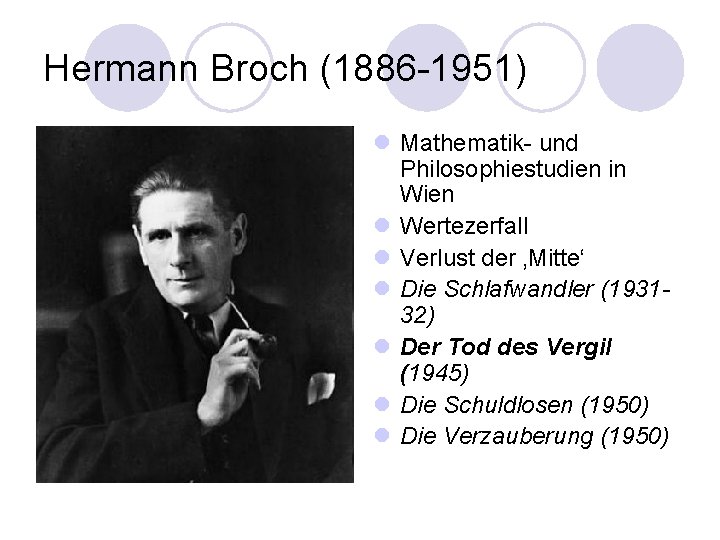 Hermann Broch (1886 -1951) l Mathematik- und Philosophiestudien in Wien l Wertezerfall l Verlust