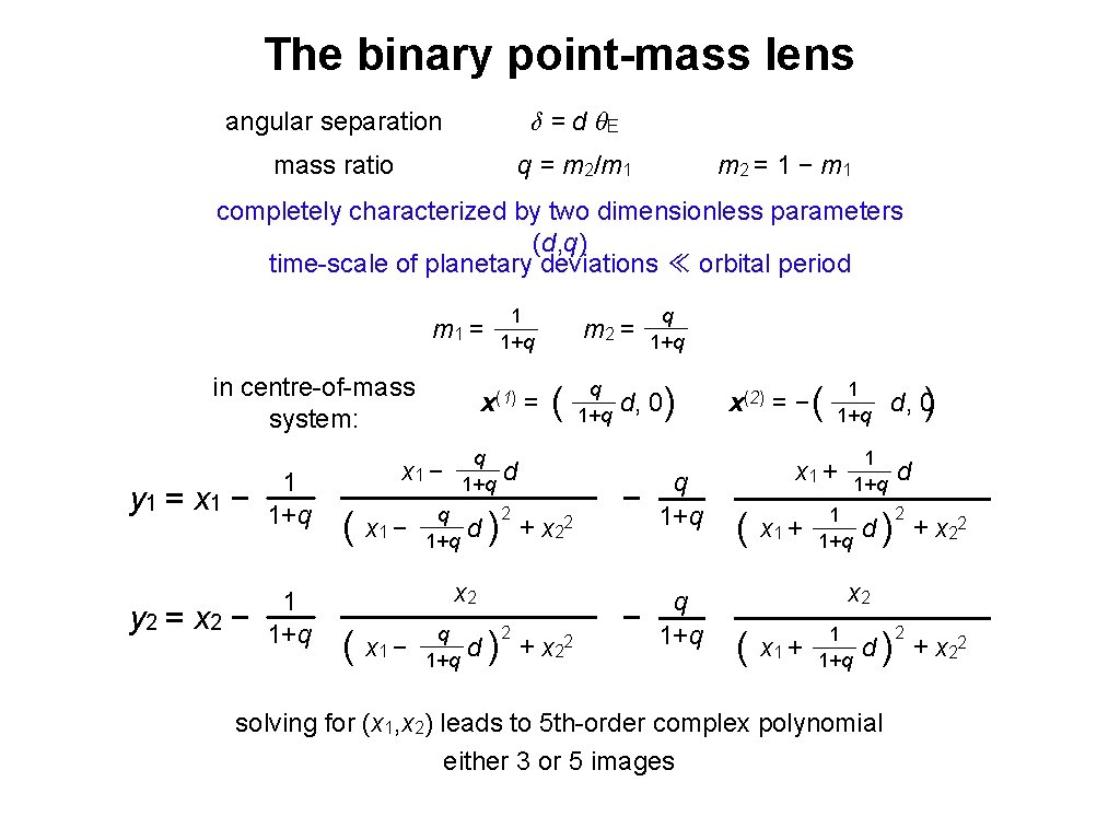 The binary point-mass lens angular separation δ = d θE mass ratio q =