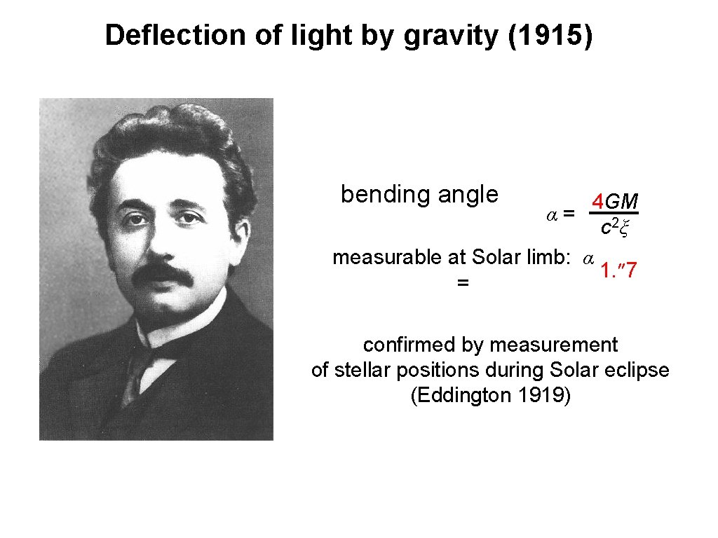 Deflection of light by gravity (1915) bending angle 4 GM α= c 2ξ measurable