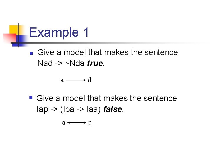 Example 1 n Give a model that makes the sentence Nad -> ~Nda true.