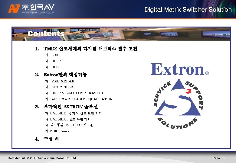 Digital Matrix Switcher Solution Contents 1. TMDS 신호체계의 디지털 매트릭스 필수 조건 가. EDID