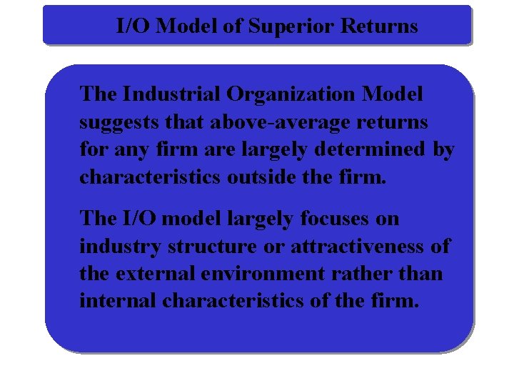 I/O Model of Superior Returns The Industrial Organization Model suggests that above-average returns for