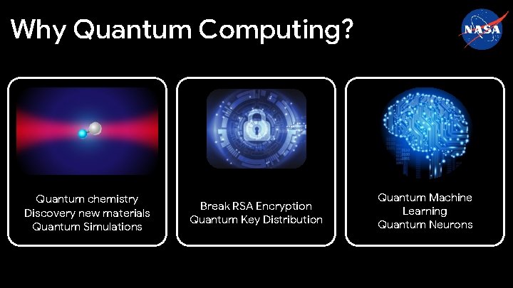 Why Quantum Computing? Quantum chemistry Discovery new materials Quantum Simulations Break RSA Encryption Quantum