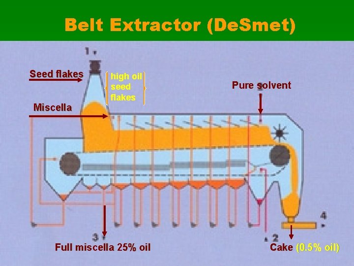 Belt Extractor (De. Smet) Seed flakes Miscella high oil seed flakes Full miscella 25%