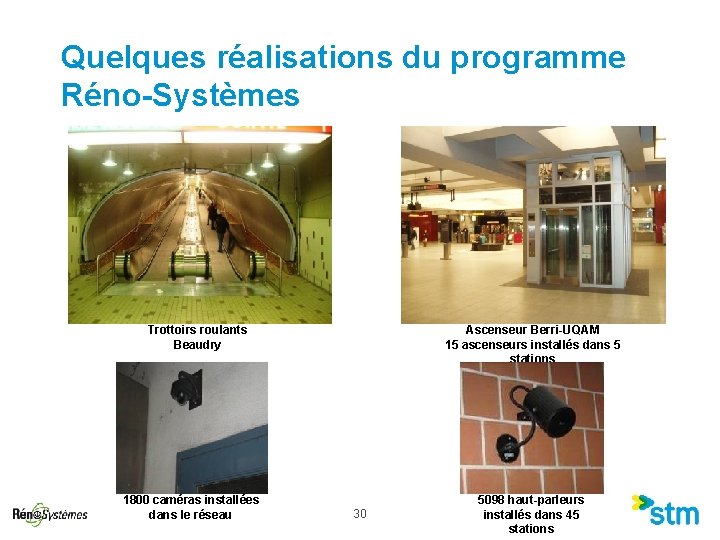 Quelques réalisations du programme Réno-Systèmes Trottoirs roulants Beaudry 1800 caméras installées dans le réseau Quelques réalisations du programme Réno-Systèmes Trottoirs roulants Beaudry 1800 caméras installées dans le réseau