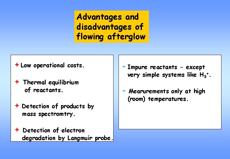 Advantages and disadvantages of flowing afterglow + Low operational costs. + Thermal equilibrium of