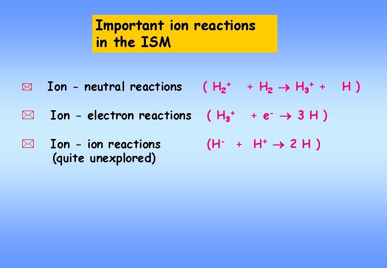 Important ion reactions in the ISM * Ion - neutral reactions ( H 2+