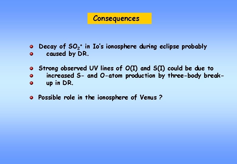 Consequences Decay of SO 2+ in Io’s ionosphere during eclipse probably caused by DR.