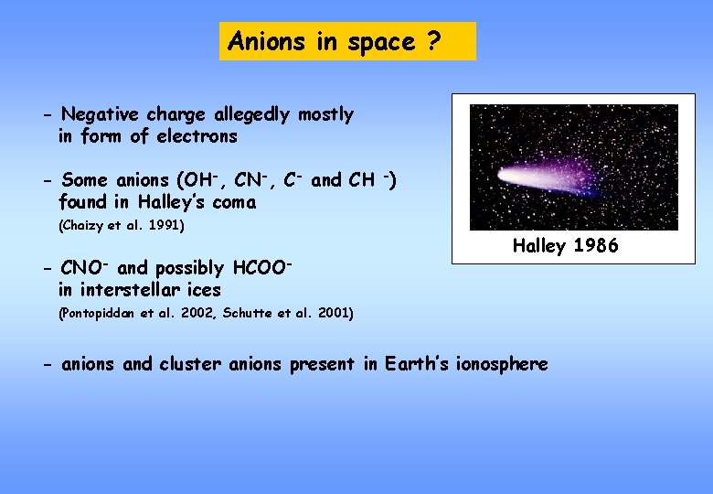 Anions in space ? - Negative charge allegedly mostly in form of electrons -