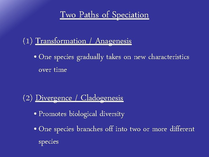 Two Paths of Speciation (1) Transformation / Anagenesis • One species gradually takes on