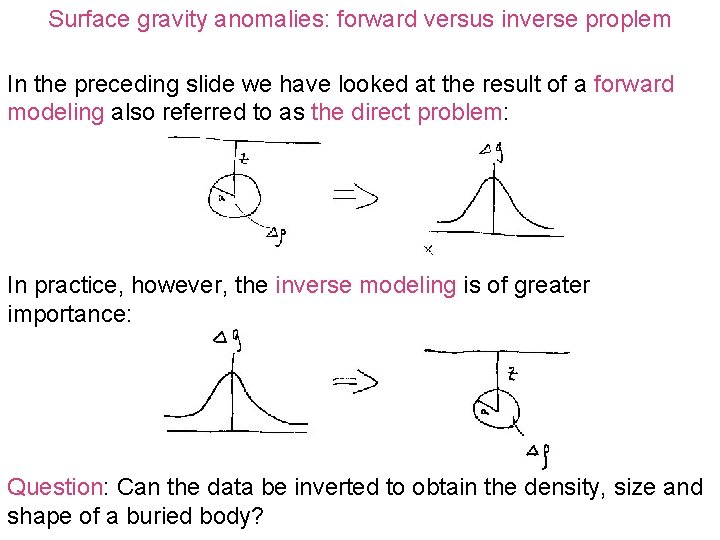 Surface gravity anomalies: forward versus inverse proplem In the preceding slide we have looked