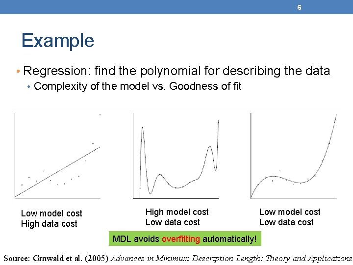 6 Example • Regression: find the polynomial for describing the data • Complexity of