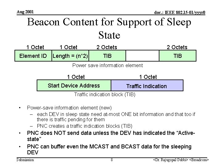 Aug 2001 doc. : IEEE 802. 15 -01/yyyr 0 Beacon Content for Support of