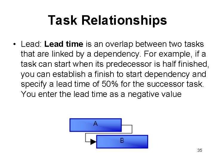 Task Relationships • Lead: Lead time is an overlap between two tasks that are