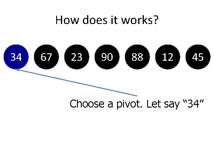 How does it works? 34 67 23 90 88 12 45 Choose a pivot.