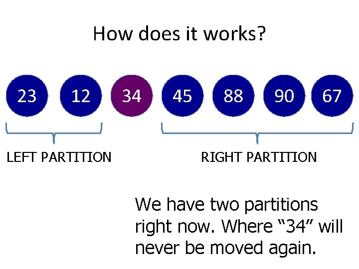 How does it works? 23 12 LEFT PARTITION 34 45 88 90 67 RIGHT