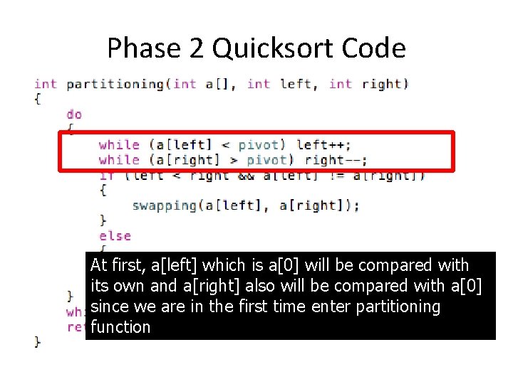 Phase 2 Quicksort Code At first, a[left] which is a[0] will be compared with