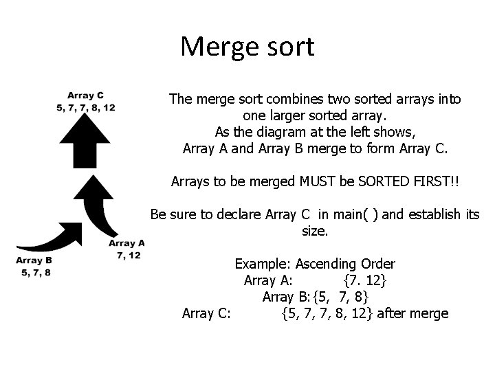Merge sort The merge sort combines two sorted arrays into one larger sorted array.