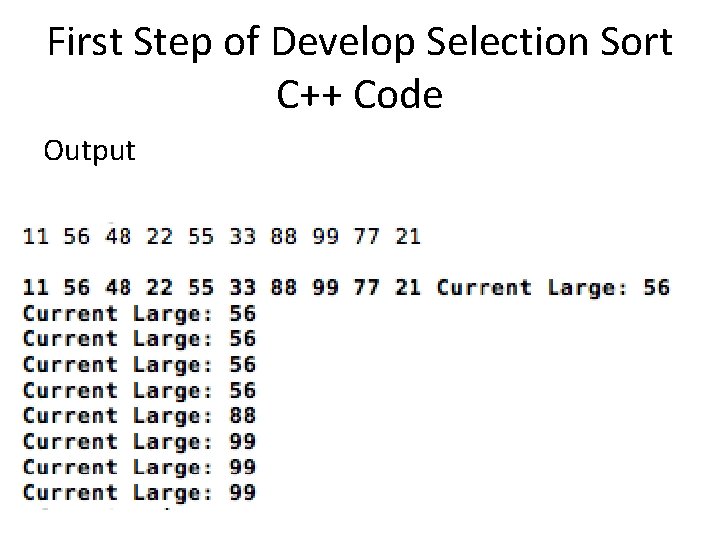 First Step of Develop Selection Sort C++ Code Output 
