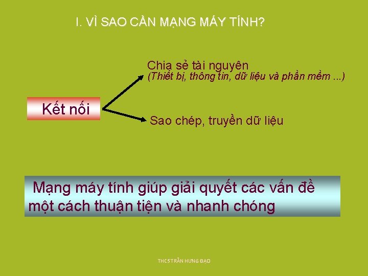 I. VÌ SAO CẦN MẠNG MÁY TÍNH? Chia sẻ tài nguyên (Thiết bị, thông