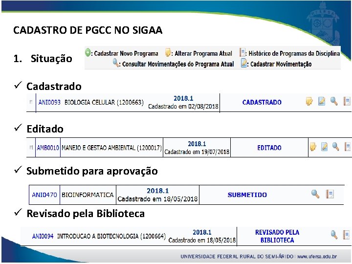 CADASTRO DE PGCC NO SIGAA 1. Situação ü Cadastrado ü Editado ü Submetido para