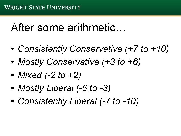 After some arithmetic… • • • Consistently Conservative (+7 to +10) Mostly Conservative (+3 After some arithmetic… • • • Consistently Conservative (+7 to +10) Mostly Conservative (+3