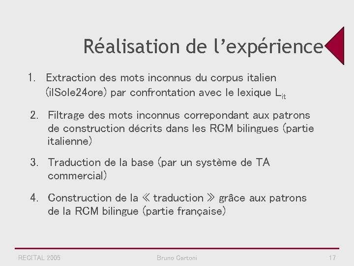 Réalisation de l’expérience 1. Extraction des mots inconnus du corpus italien (il. Sole 24