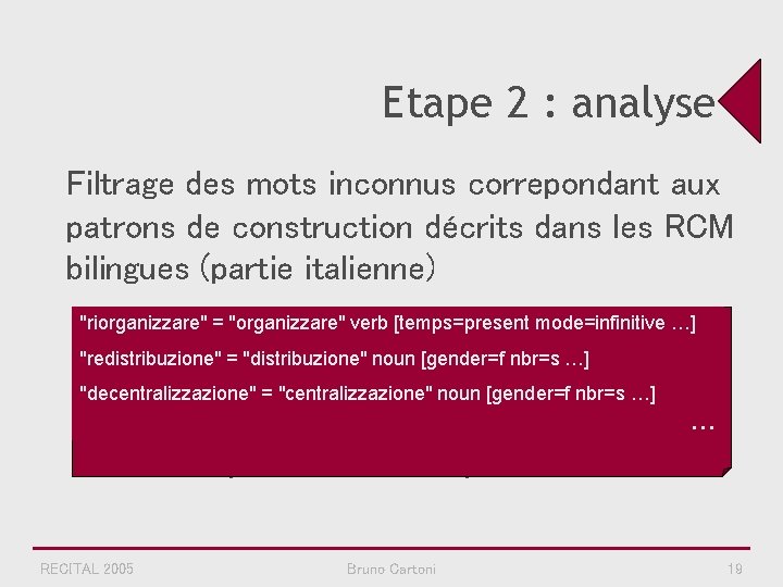 Etape 2 : analyse Filtrage des mots inconnus correpondant aux patrons de construction décrits