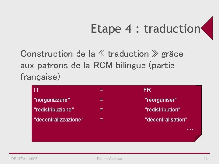 Etape 4 : traduction Construction de la « traduction » grâce aux patrons de