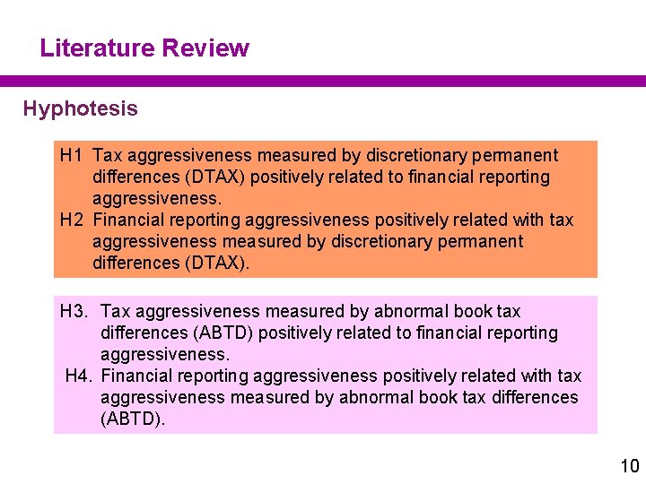 Literature Review Hyphotesis H 1 Tax aggressiveness measured by discretionary permanent differences (DTAX) positively