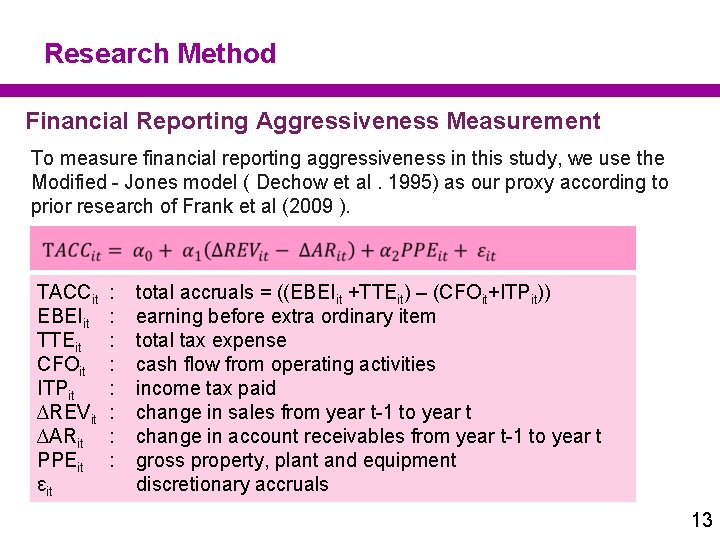 Research Method Financial Reporting Aggressiveness Measurement To measure financial reporting aggressiveness in this study,