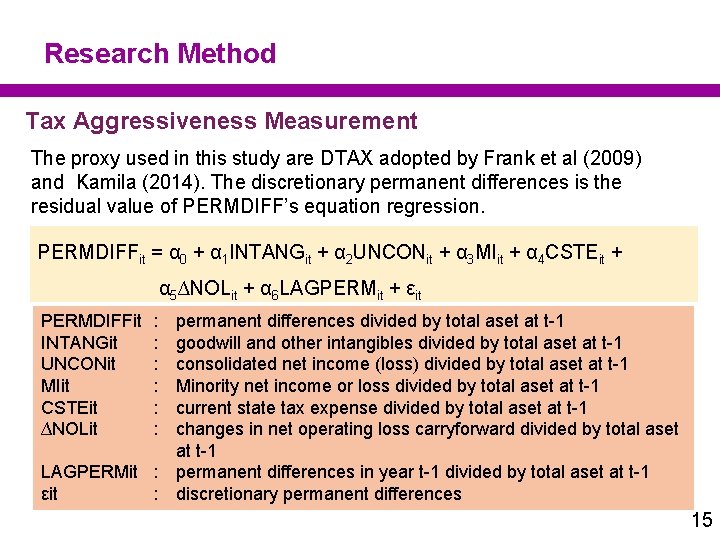 Research Method Tax Aggressiveness Measurement The proxy used in this study are DTAX adopted